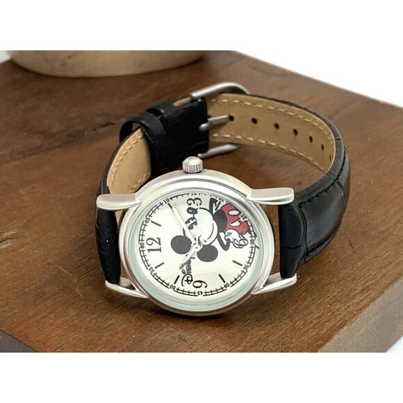 Disney Women's Watch Mickey Mouse Silver Dial Quartz Black Leather Band 27mm - Picture 7 of 13